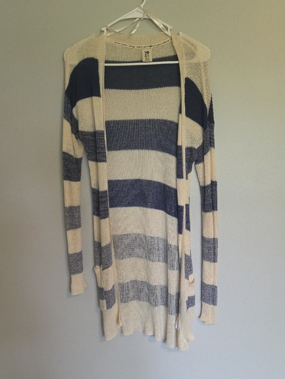 Roxy Striped Crochet Knit Cardigan Sweater - Cream & Navy